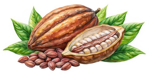 Watercolor Illustration of Cocoa Pod, Seeds and Leaves, cocoa bean , cacao bean
