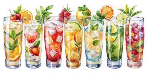 Watercolor Illustration of Eight Glasses of Summer Cocktails with Fruit, Ice and Mint, cocktail ,summer drink