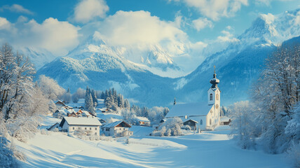 Fototapeta premium high resolution photo, highly detailed, amazing winter landscape, peaceful alpine valley with impressive snowy mountains, typical austrian or Swiss village with church onion tower. Snowy landscape, be