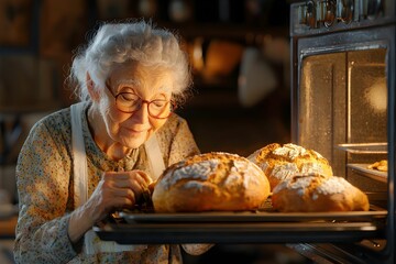 Elderly woman checks freshly baked bread at home kitchen oven