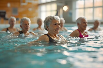 Fototapeta premium Senior women participating in water aerobics class at a pool