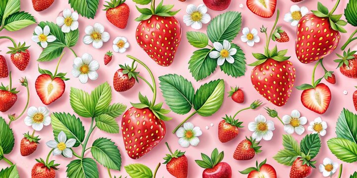 Watercolor Strawberry Pattern - Pink Background, Botanical Illustration, Strawberry Art, Strawberry, Food Illustration