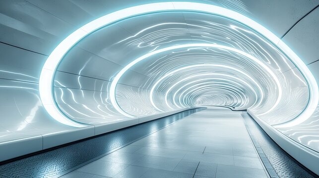 Futuristic subway station with a sleek glowing tunnel and modern architecture featuring bright white and blue lighting design