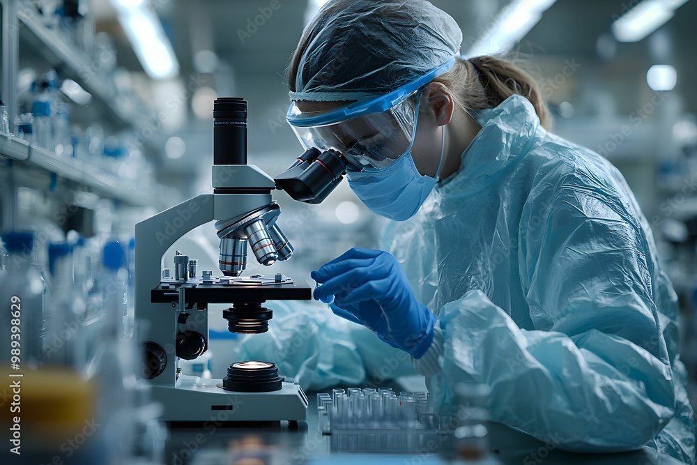 Poster scientist in lab with microscope and protective gear