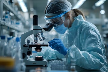 Scientist in lab with microscope and protective gear