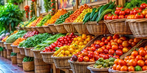 Wicker Baskets Overflowing with Vibrant Red, Orange, and Green Produce, Market Stall, Fresh Vegetables, Farmers Market,