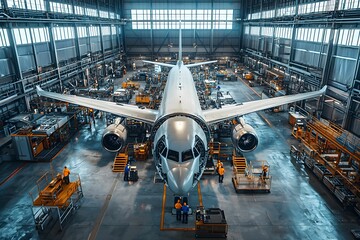 Large aircraft undergoing assembly in a busy aerospace factory