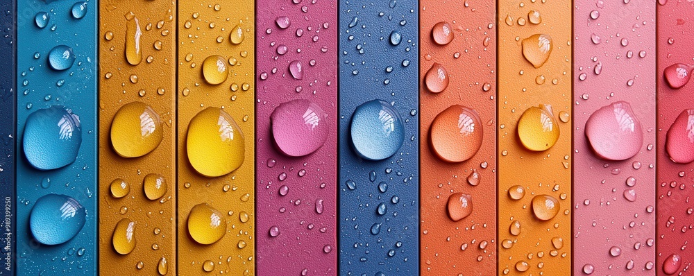 Poster colorful grid of water droplets on vibrant textured backgrounds creating a visually striking abstrac