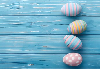 Easter Eggs on Blue Wooden Background