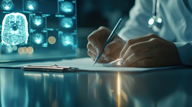 A medical professional reviewing patient data and writing notes in a clinical setting with advanced imaging.