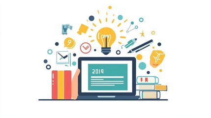 A stylish design showing online learning. It features a laptop, a hand, books, and a lightbulb. This represents online courses, webinars, and creative problem-solving.