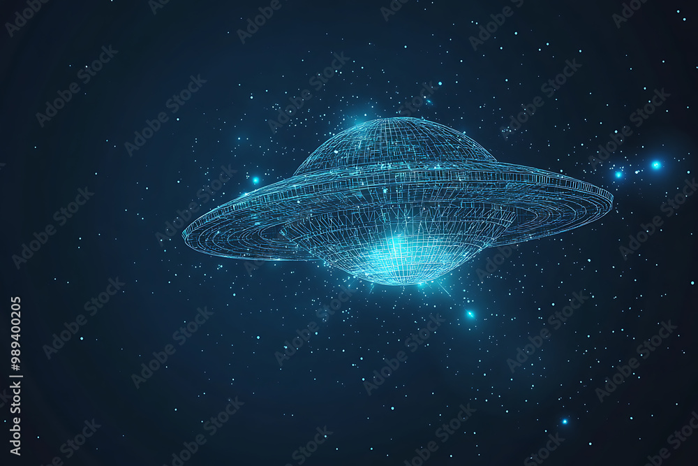 Poster ufo at wireframe plexus style with glow