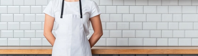 Chef in a white apron preparing food in a modern kitchen with tiled background.