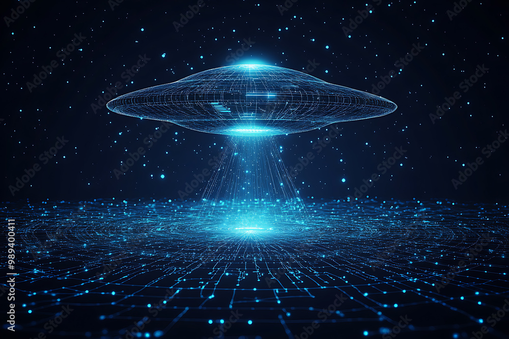 Poster ufo at wireframe plexus style with glow