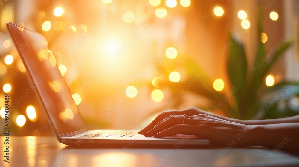 Poster close-up of a person using a laptop with warm bokeh lights in the background, creating a cozy atmosp
