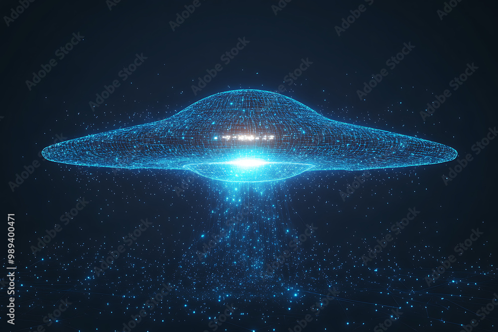 Poster ufo at wireframe plexus style with glow