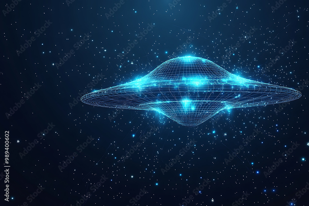 Poster ufo at wireframe plexus style with glow