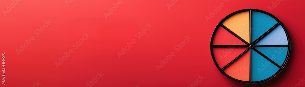 Poster colorful pie chart on a vibrant red background, depicting various segments for data visualization.