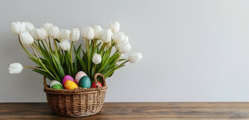 White Tulips and Easter Eggs in Basket on Wooden Table