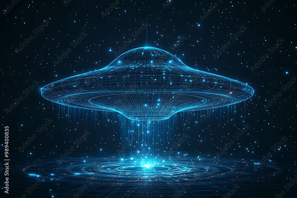 Poster ufo at wireframe plexus style with glow