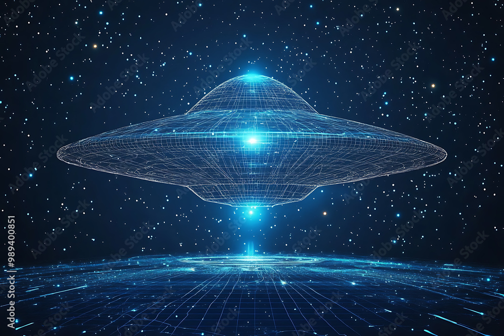 Poster ufo at wireframe plexus style with glow