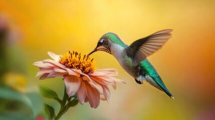 Fototapeta premium Hummingbird Feeding on a Pink Flower in a Garden