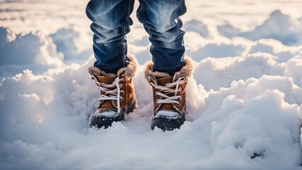 Child plays in the snow in winter