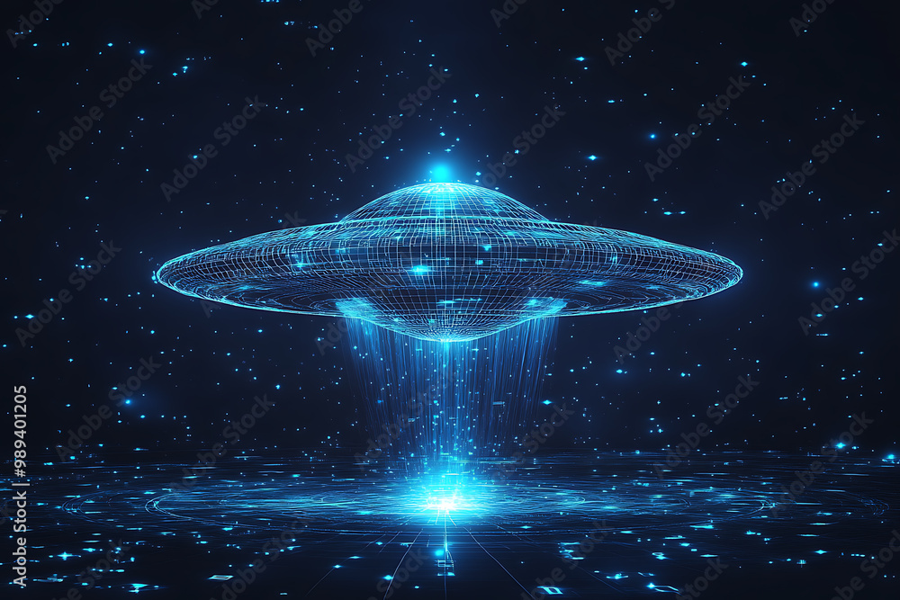 Poster ufo at wireframe plexus style with glow