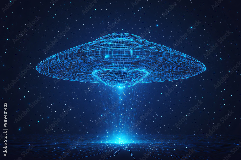 Poster ufo at wireframe plexus style with glow