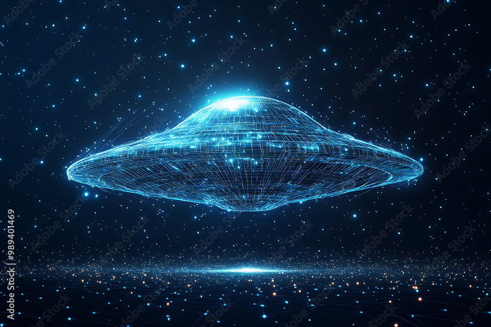 Poster ufo at wireframe plexus style with glow