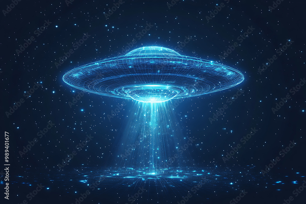 Poster ufo at wireframe plexus style with glow