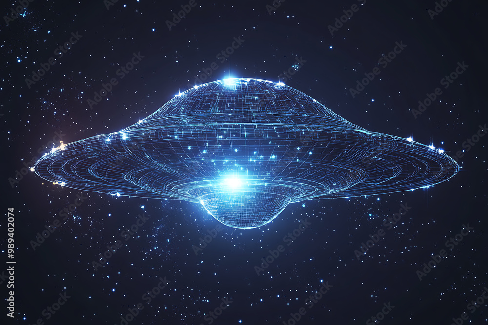 Poster ufo at wireframe plexus style with glow