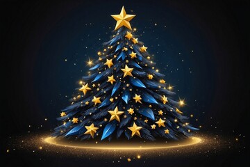 Fototapeta premium Christmas Tree Made of Golden Stars on a Black Background, Surrounded by Blue and Yellow Details
