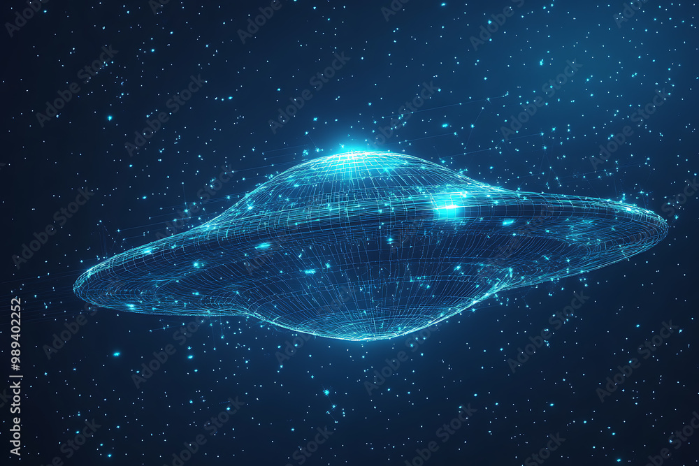 Poster ufo at wireframe plexus style with glow
