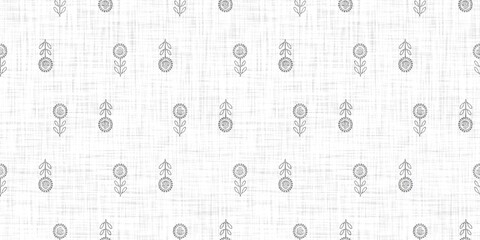 Seamless french taupe floral farmhouse linen printed fabric background. Light mottled grey cottage pattern. Shabby chic woven 2 tone cloth effect. Textile rustic organic ecru neutral all over print.