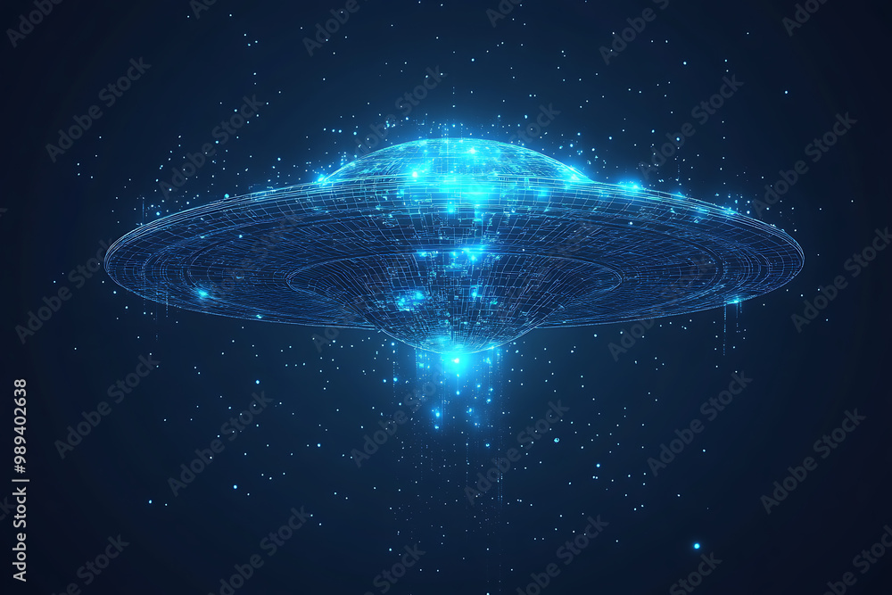 Poster ufo at wireframe plexus style with glow