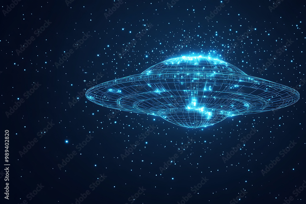Poster ufo at wireframe plexus style with glow