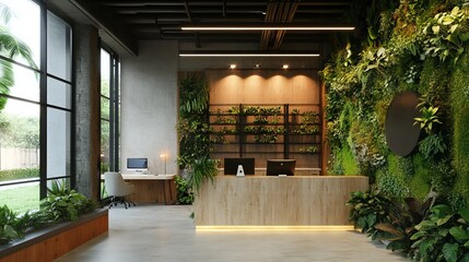 Office spaces decorated with plants, either on walls or inside the office.