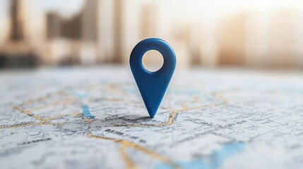 Fototapeta premium Navigational blue location pin on city map in urban setting