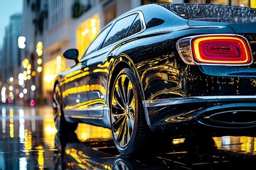 A luxury sedan parked on a rainy street, with raindrops glistening on the car&acirc;&euro;&trade;s polished surface and city lights reflecting