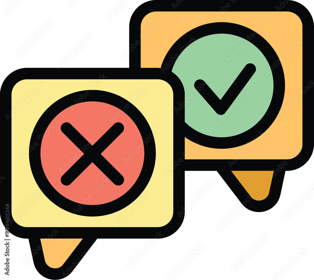 Poster two speech bubbles containing a checkmark and cross mark icon, symbolizing the process of making a c