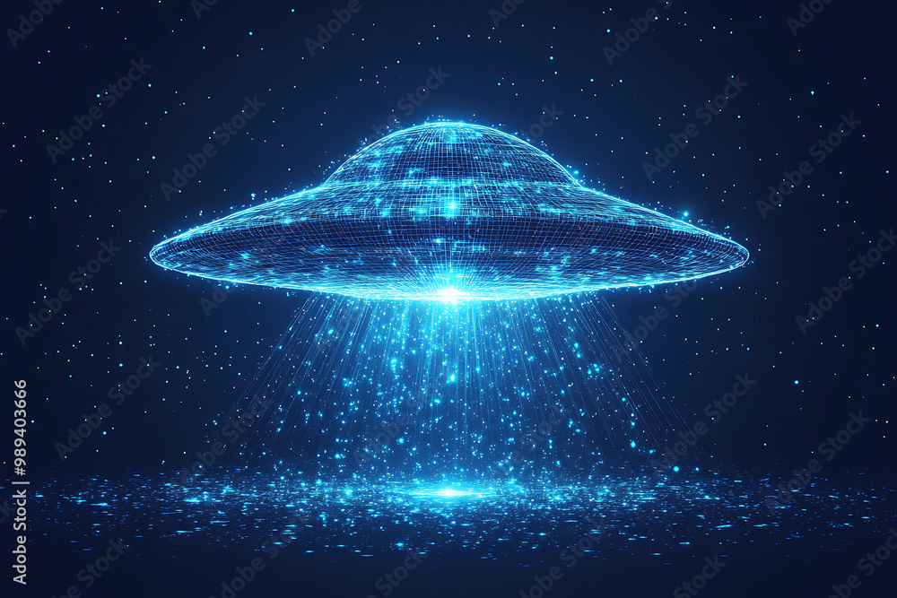 Poster ufo at wireframe plexus style with glow