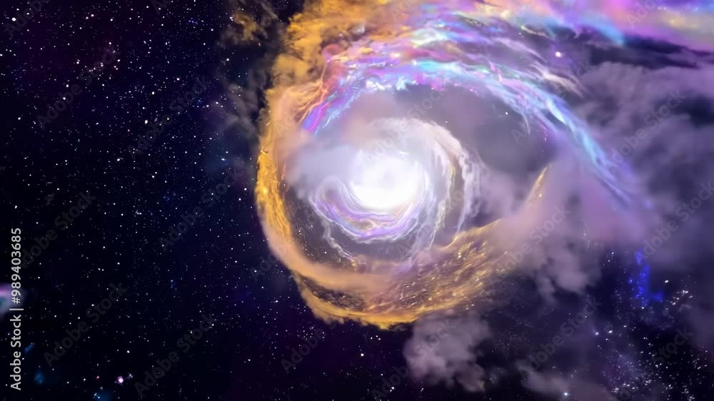 Poster flight through the galaxy with spreading nebula clouds, shiny stars and constellations