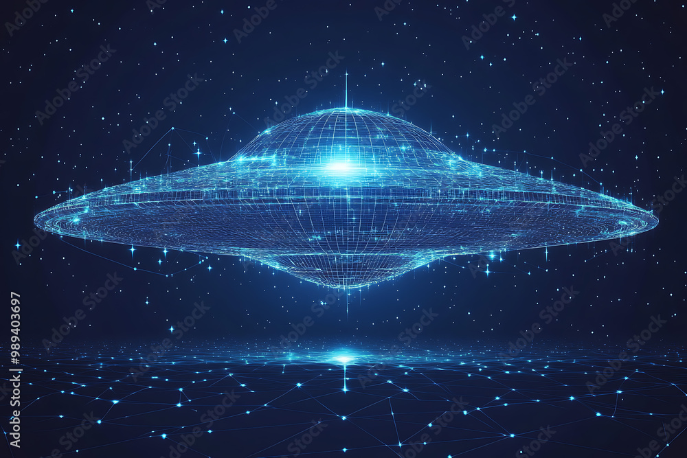 Poster ufo at wireframe plexus style with glow