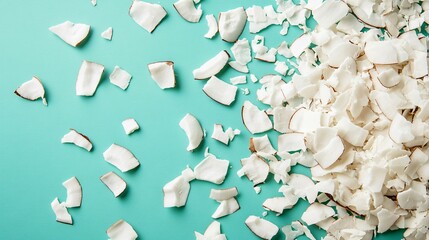 Dried coconut flakes scattered across a bright teal background for a vibrant, tropical-inspired composition