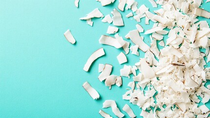 Dried coconut flakes scattered across a bright teal background for a vibrant, tropical-inspired composition