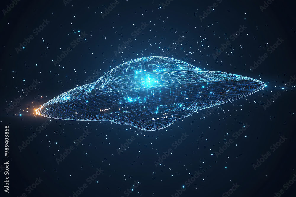 Poster ufo at wireframe plexus style with glow