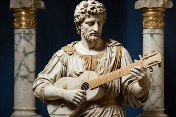 Obraz premium Greco-Roman Statue of a Man Holding a Guitar, Crafted from Greek Marble, Representing Unique Advertising for Musical Instruments at an Arts School