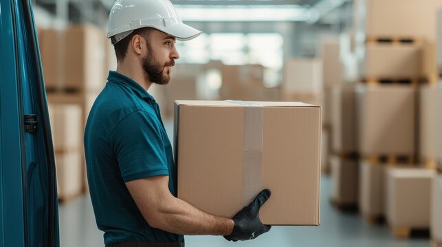 Man wearing helmet handles a cardboard box in a warehouse.
