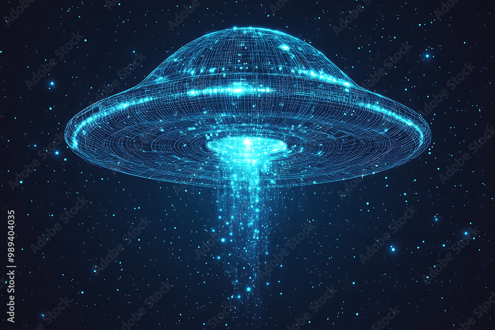 Poster ufo at wireframe plexus style with glow